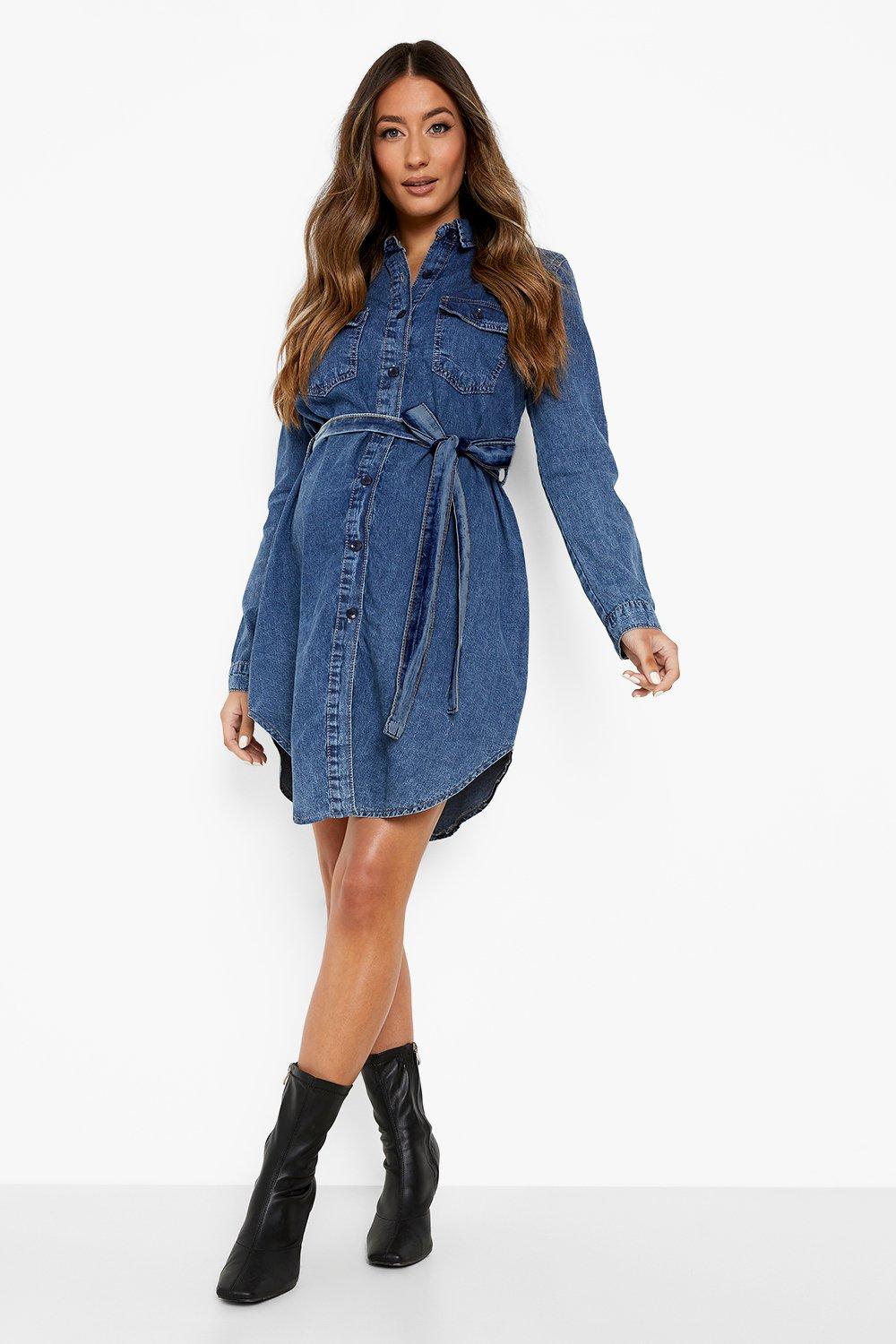 Maternity Tie Waist Denim Dress | boohoo